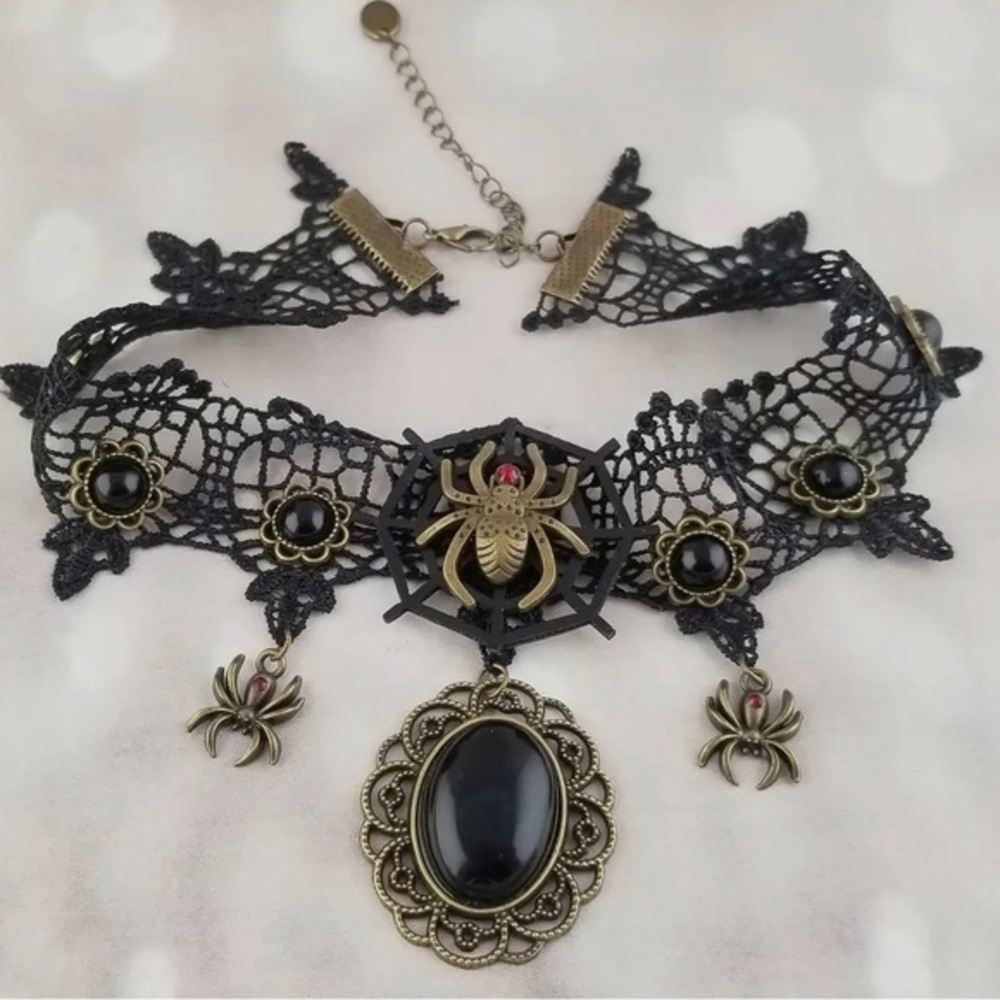 Bronze Spider Black Lace Choker - Gothic Choker